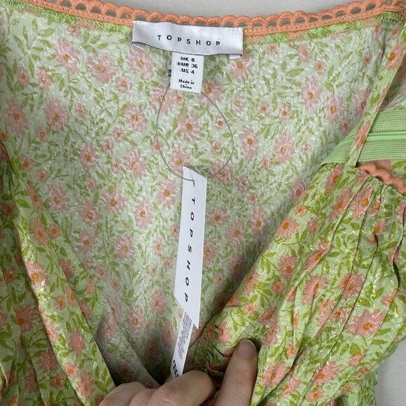 Topshop Slip Dress Floral Jacquard Midi Green Pink Size 4 Summer Wedding NWT - Picture 11 of 12